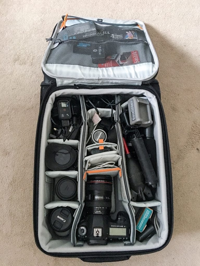 Our camera gear packed inside the Lowepro PhotoStream