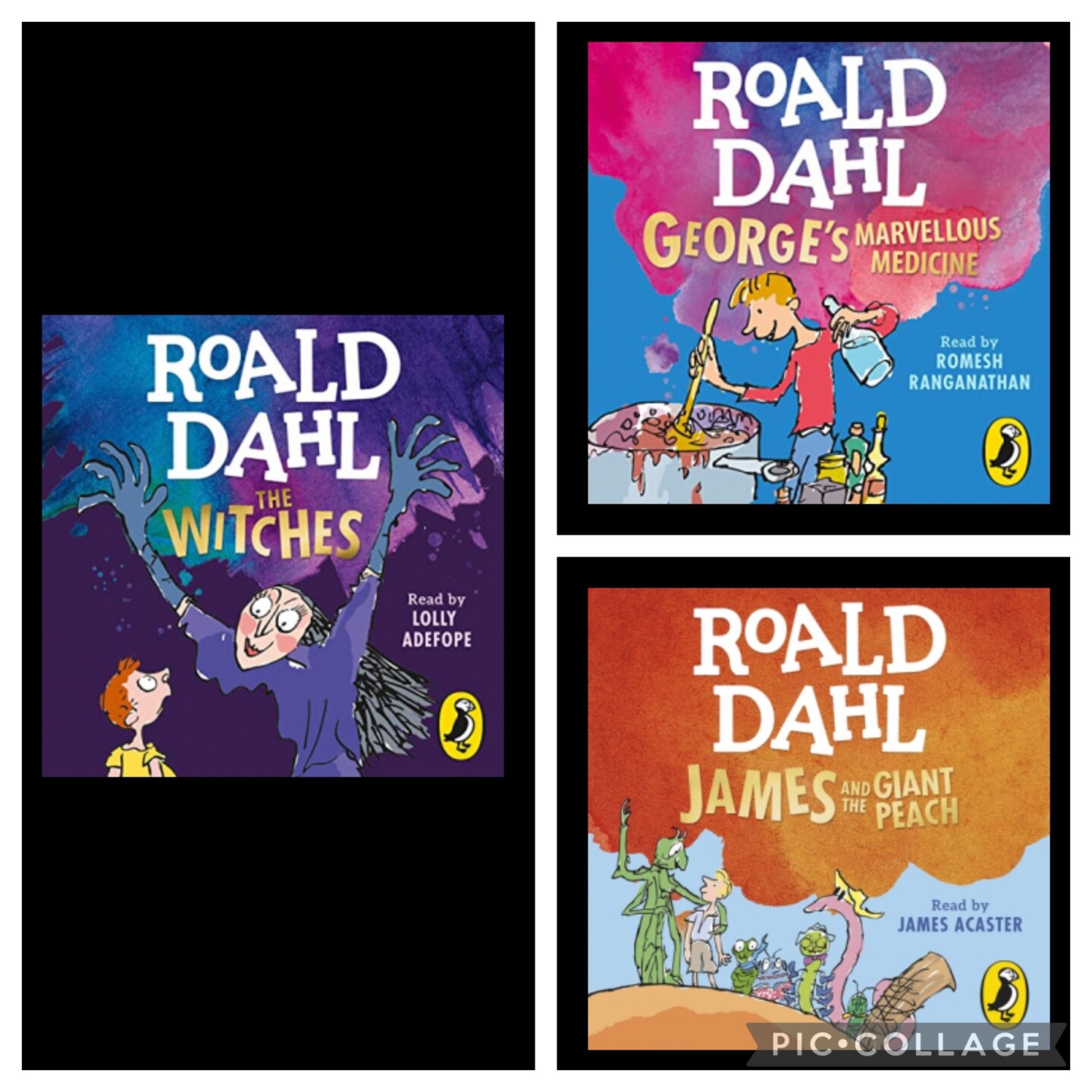 Roald Dahl’s James and the Giant Peach, read by James Acaster, The Witches, read by Lolly Adefope and George’s Marvellous Medicine, read by Romesh Ranganathan -Penguin RandomHouse UK Audio