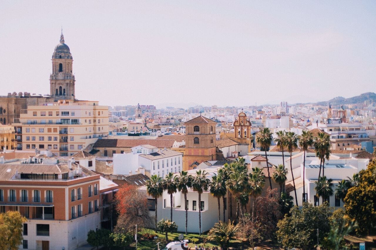 view of the city of Malaga with brown buildings and palm trees from a viewpoint.